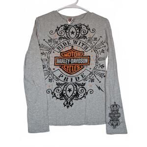 Harley Davidson Ride With Pride Graphic Tee Gray Long Sleeve Womens M